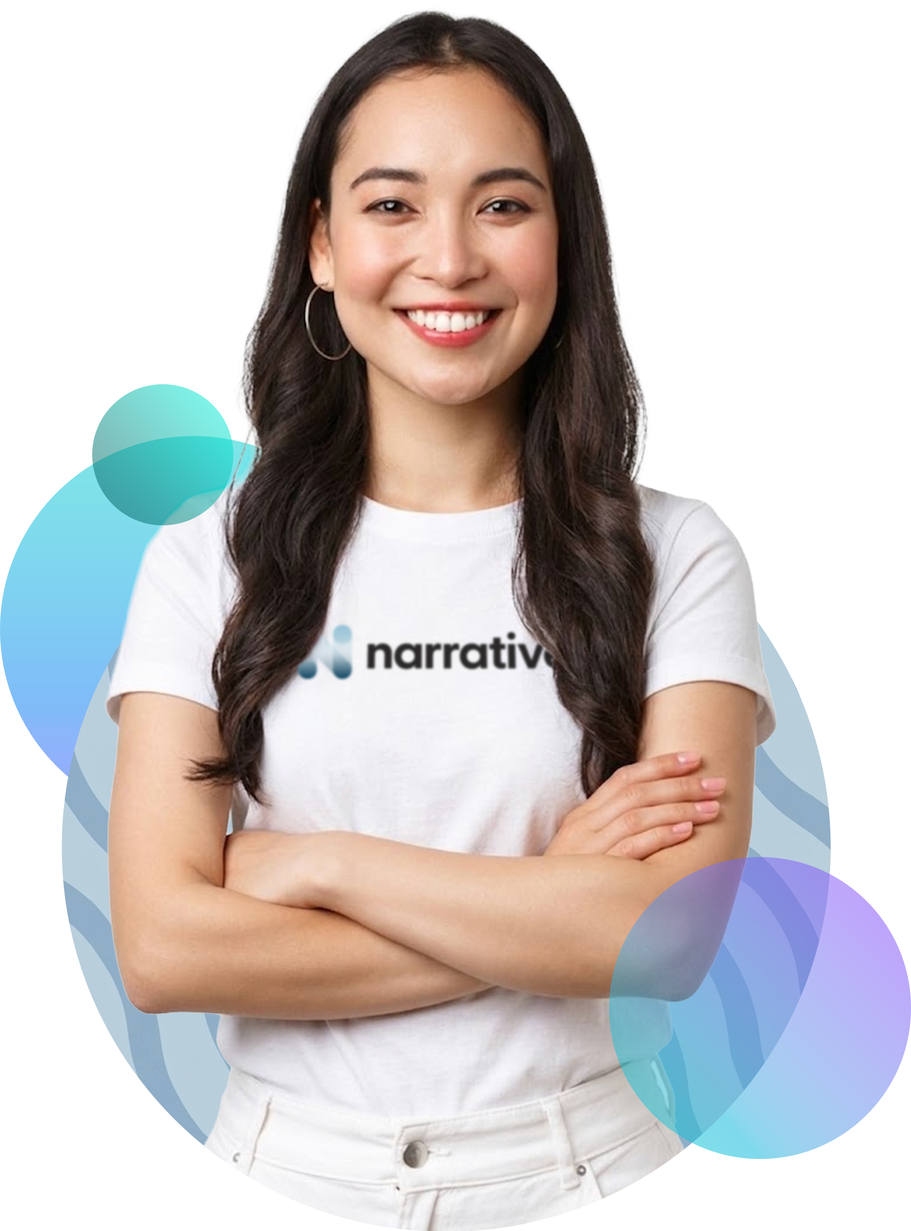 A confident young professional with arms crossed, wearing a Narrative tee